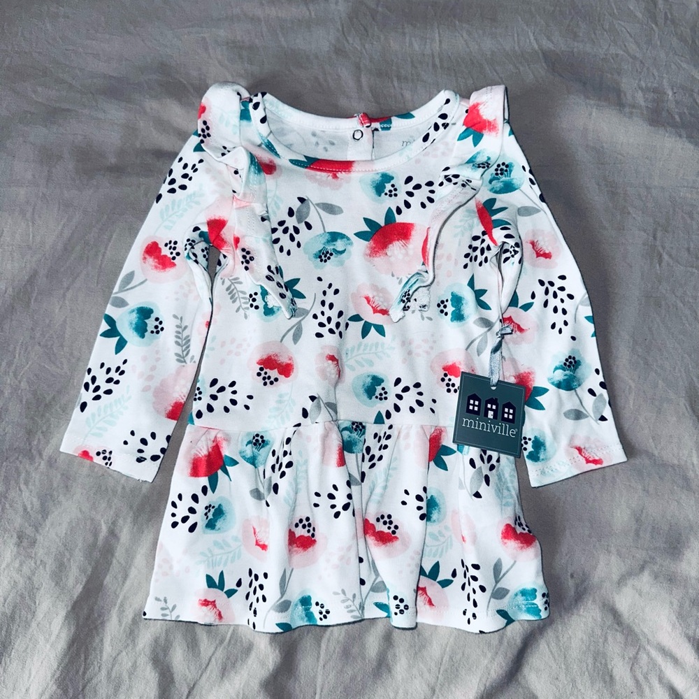 NWT Floral Dress Size 6-9m Baby Long Sleeve Cotton 9 Month Flower Bow 9m